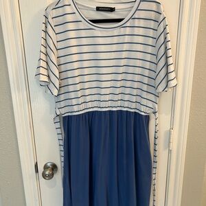 Mikarose Blue and White Striped Midi Dress